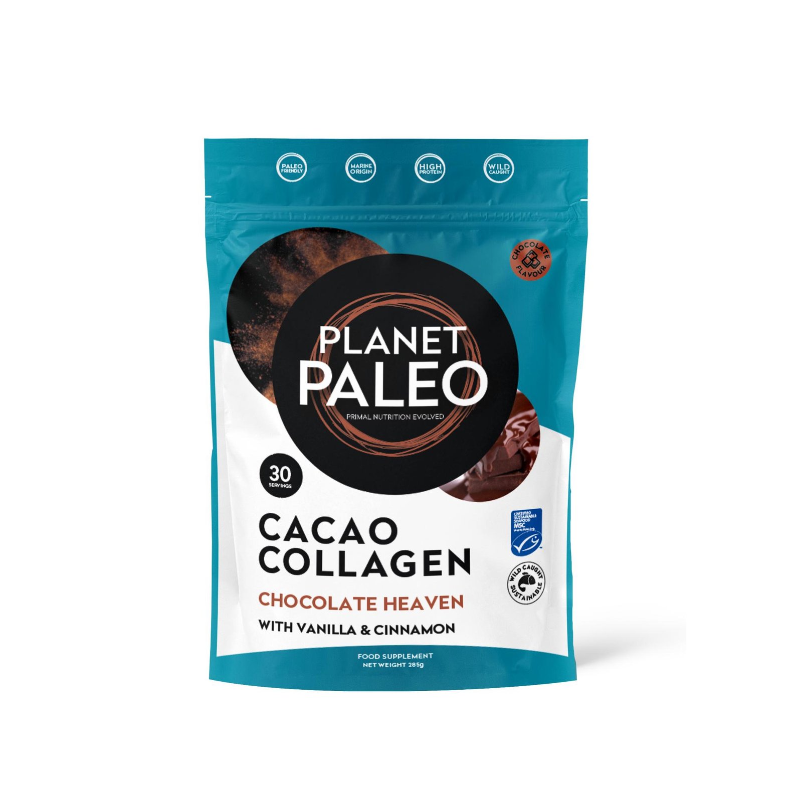 Planet Paleo Cacao Collagen 285g Front Resealable Pouch