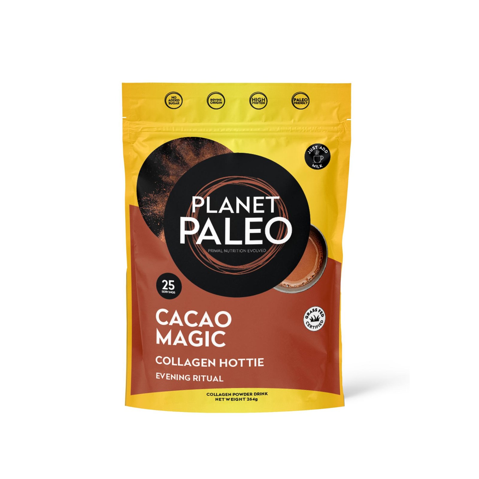 Planet Paleo Cacao Magic Collagen Hottie 264g Front Resealable Pouch