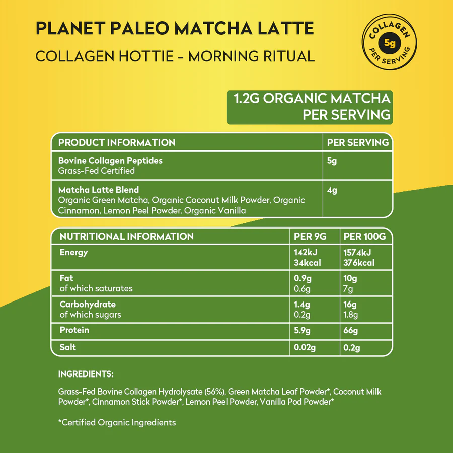 Planet Paleo Matcha Latte Collagen Hottie 225g Nutrition