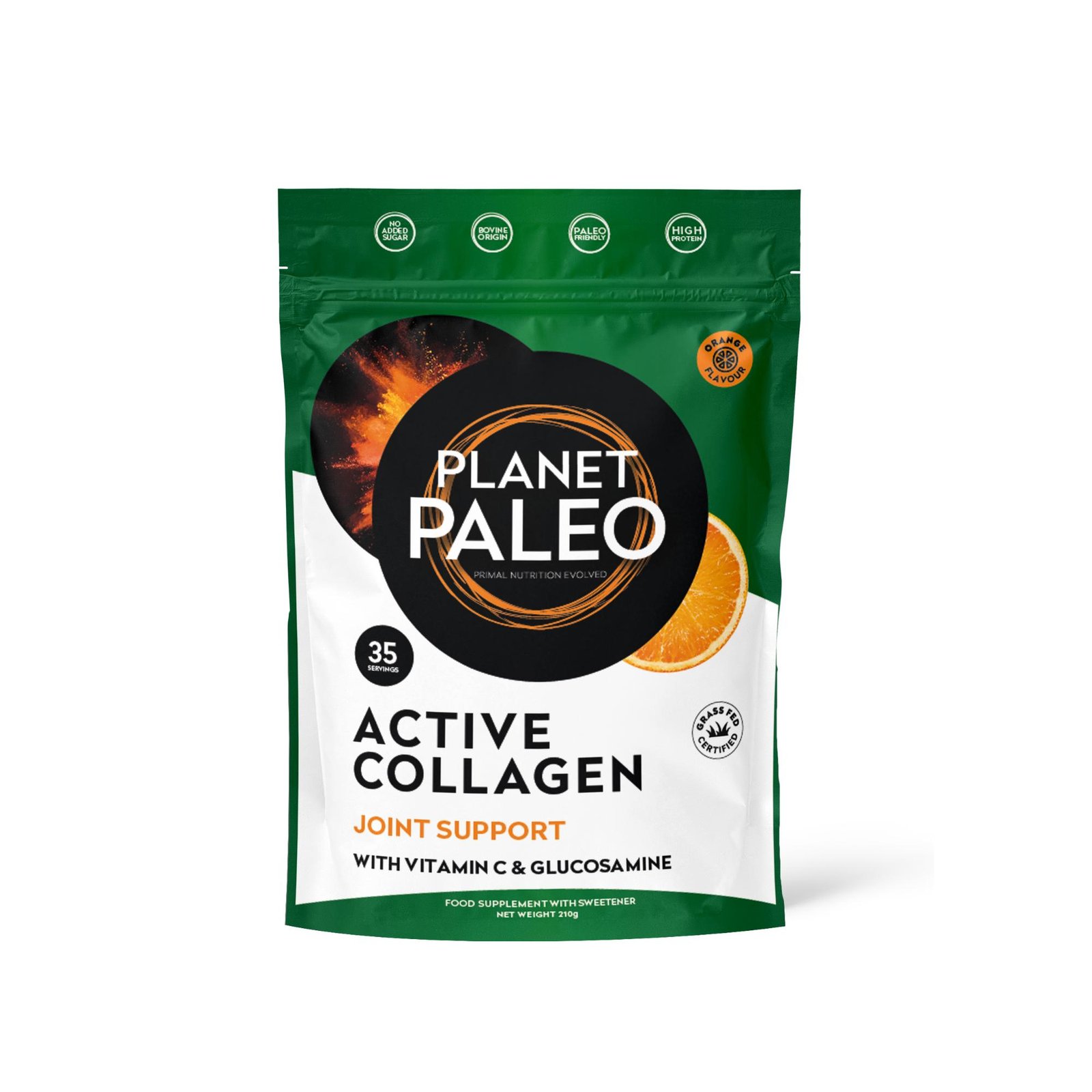 Planet Paleo Orange Active Collagen 210g Front Resealable Pouch