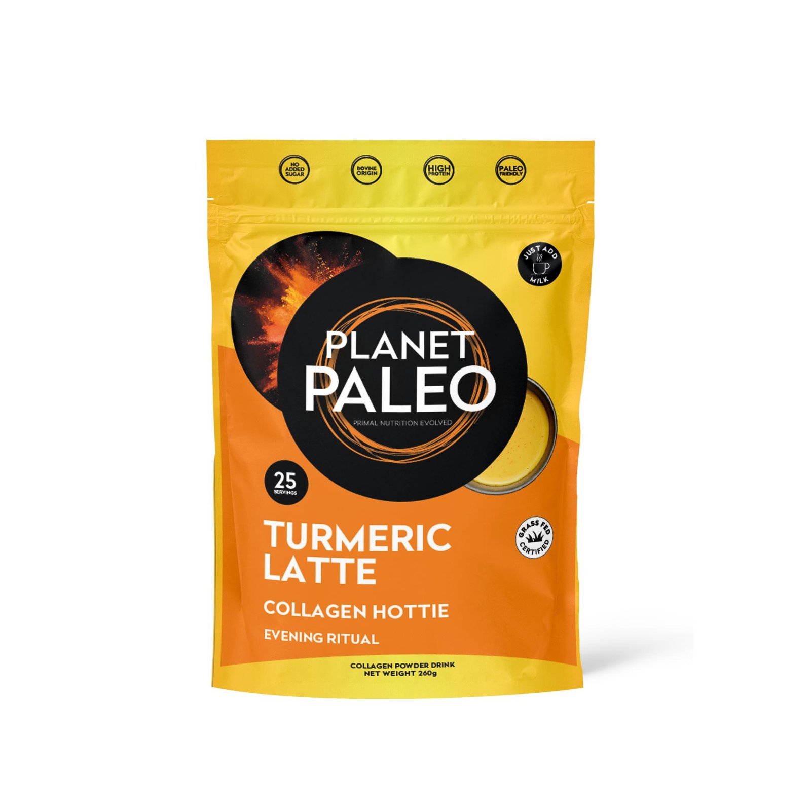 Planet Paleo Turmeric Latte Collagen Hottie 260g Front Resealable Pouch