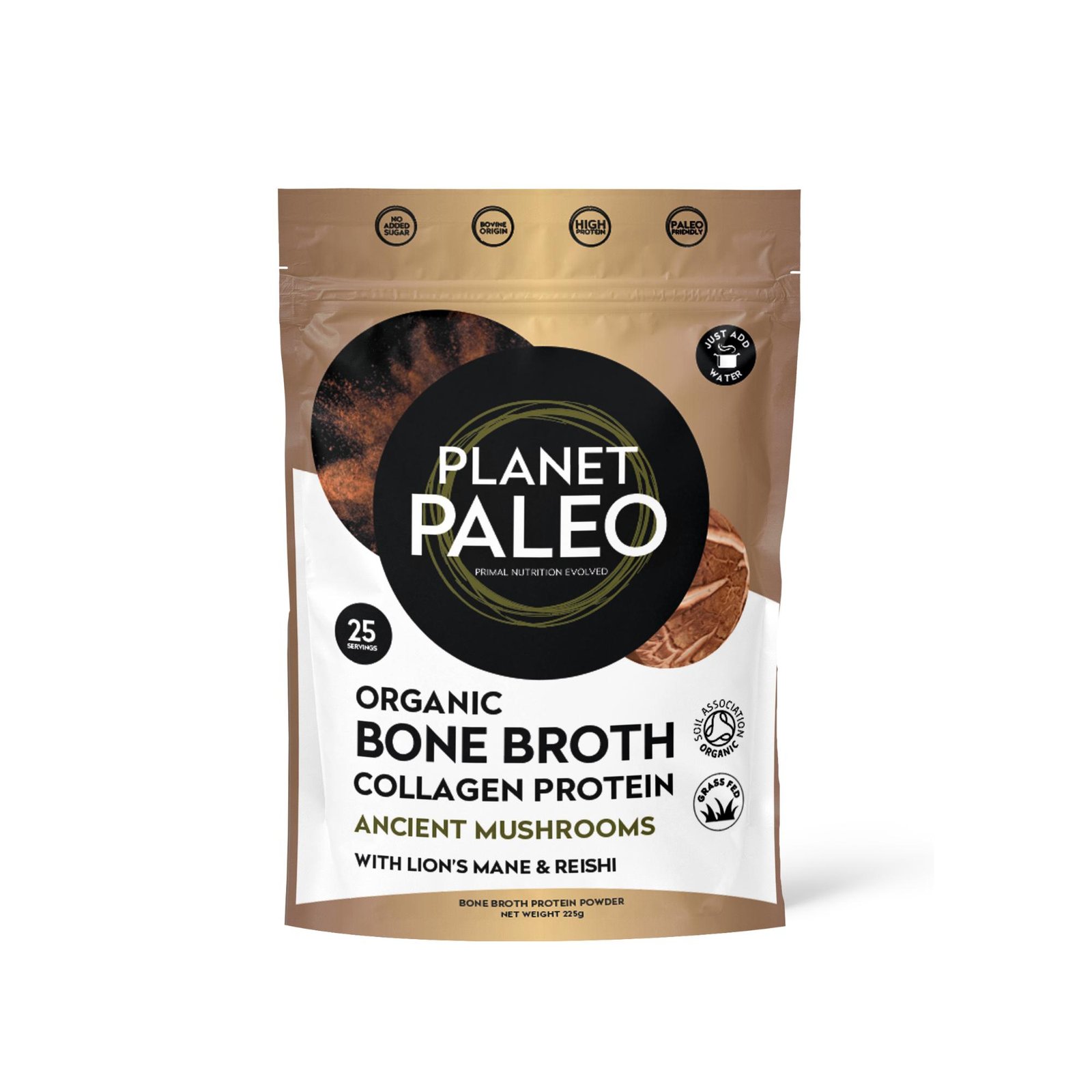 Planet Paleo Ancient Mushrooms Collagen 225g Front Resealable Pouch
