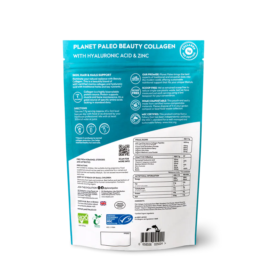 Planet Paleo Strawberry Beauty Collagen 231g Back Resealable Pouch