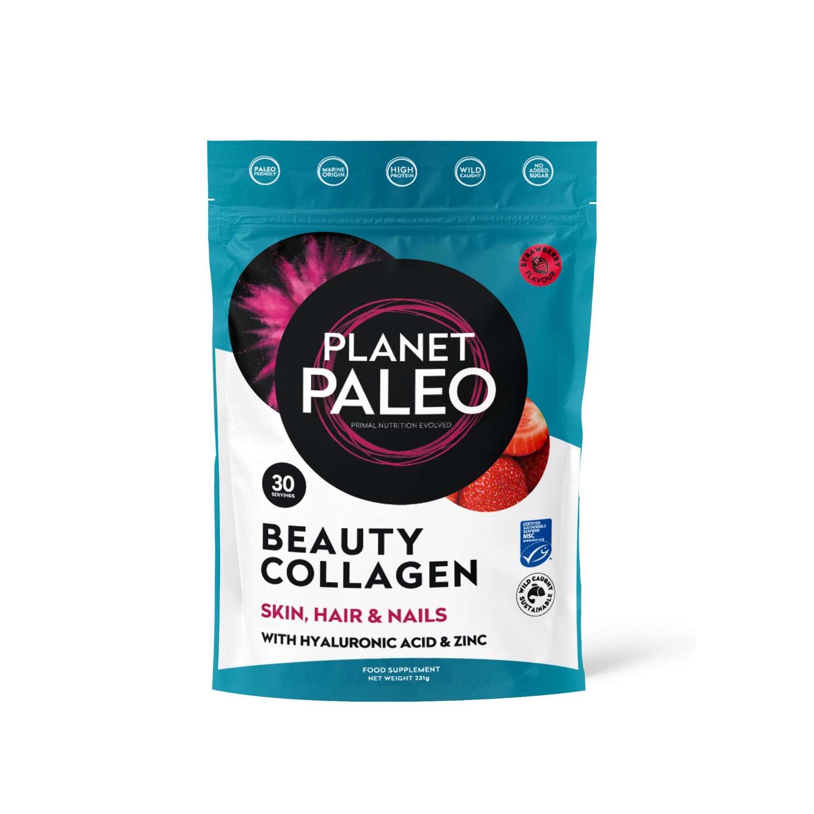 Planet Paleo Strawberry Beauty Collagen 231g Front Resealable Pouch
