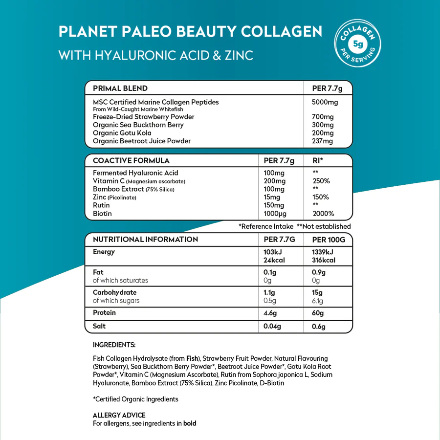 Planet Paleo Strawberry Beauty Collagen 231g Nutrition