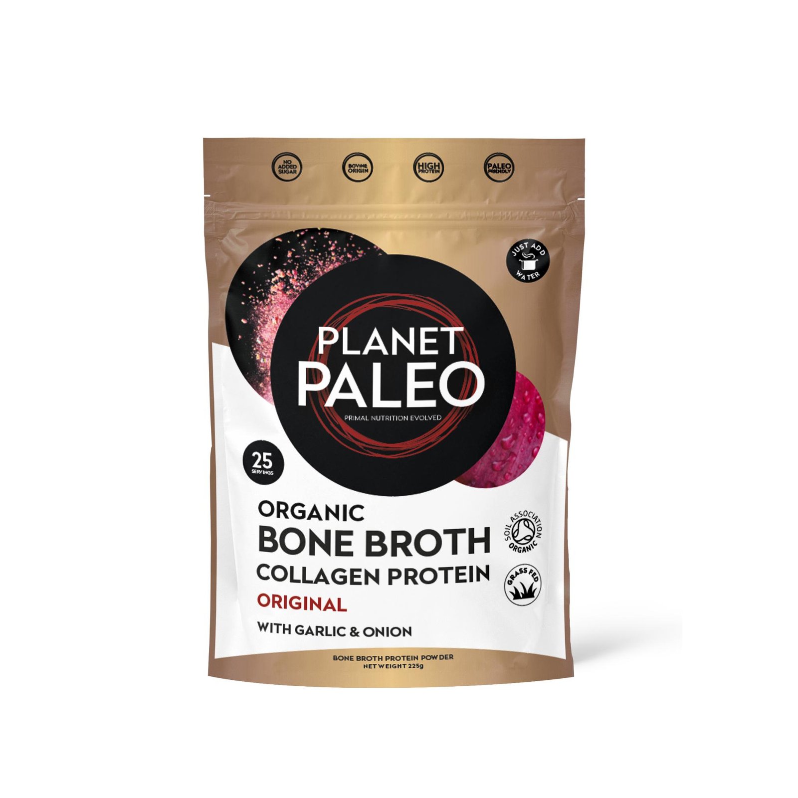 Planet Paleo Original Garlic and Onion Collagen 225g Front Resealable Pouch
