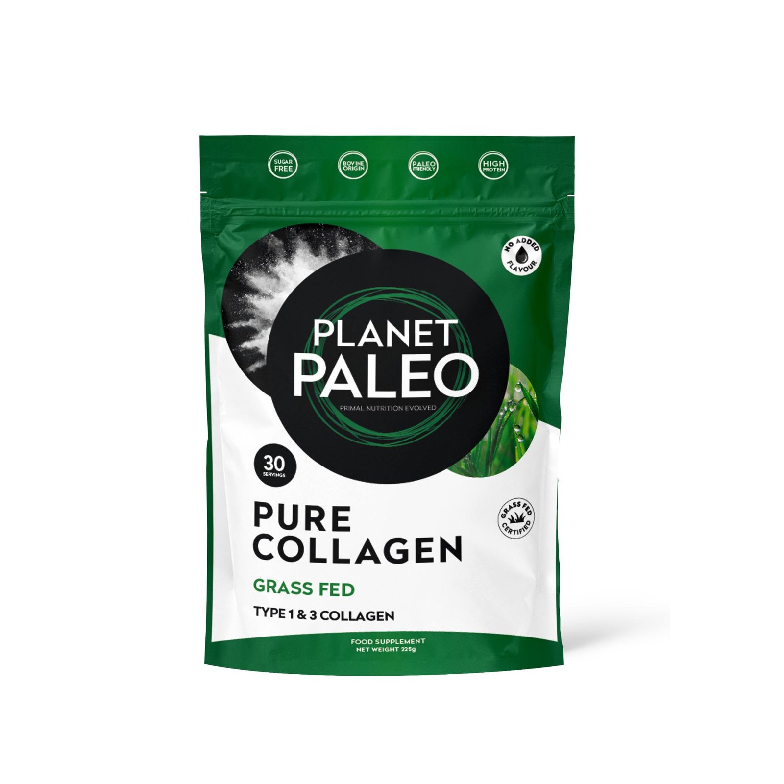 Planet Paleo Pure Grass Fed Type 1 and 3 Collagen 225g Front Resealable Pouch
