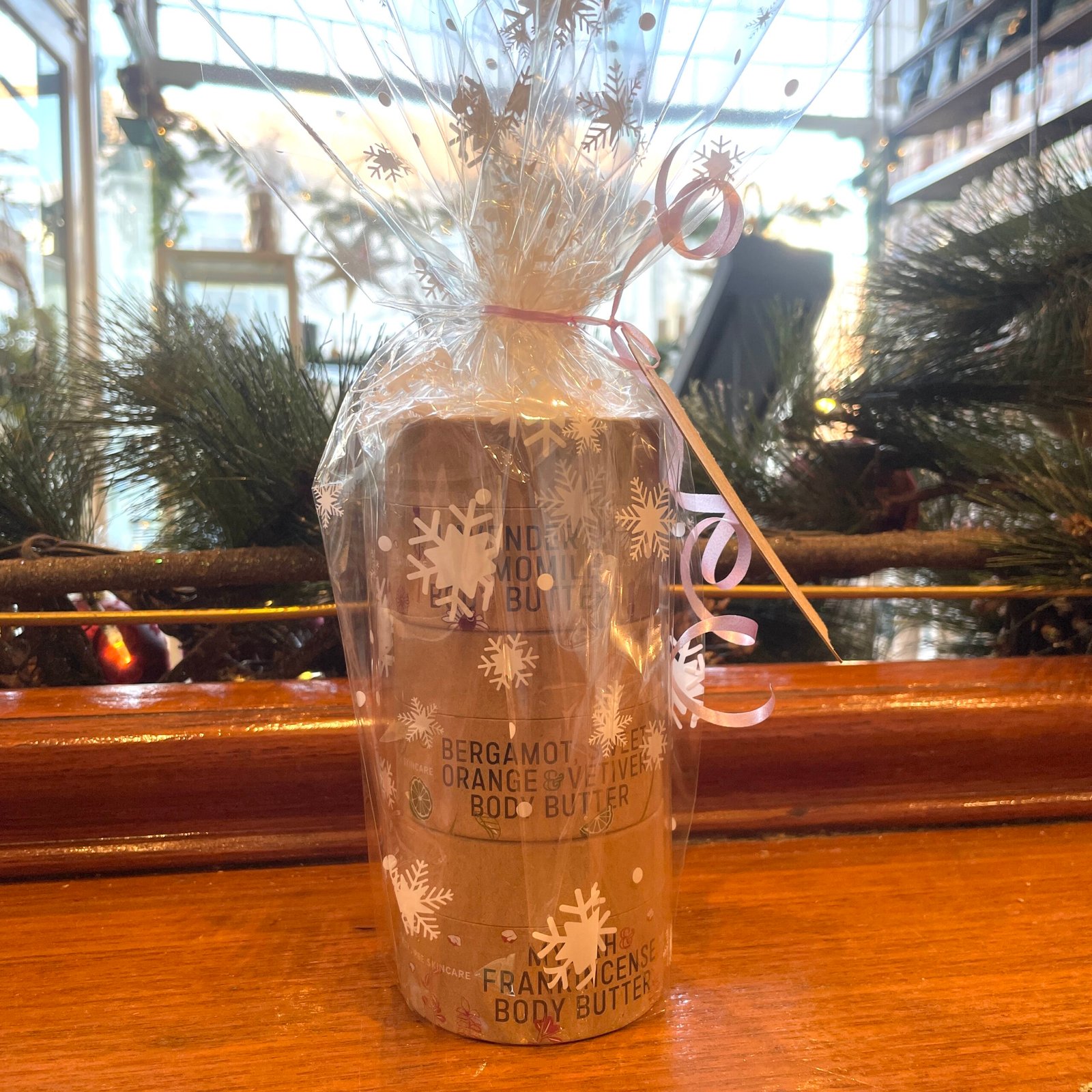 SPECIAL OFFER - GIFT WRAPPED 3x100ml Budd's Body Butters for £9.99 Front in Plastic Gift Wrap