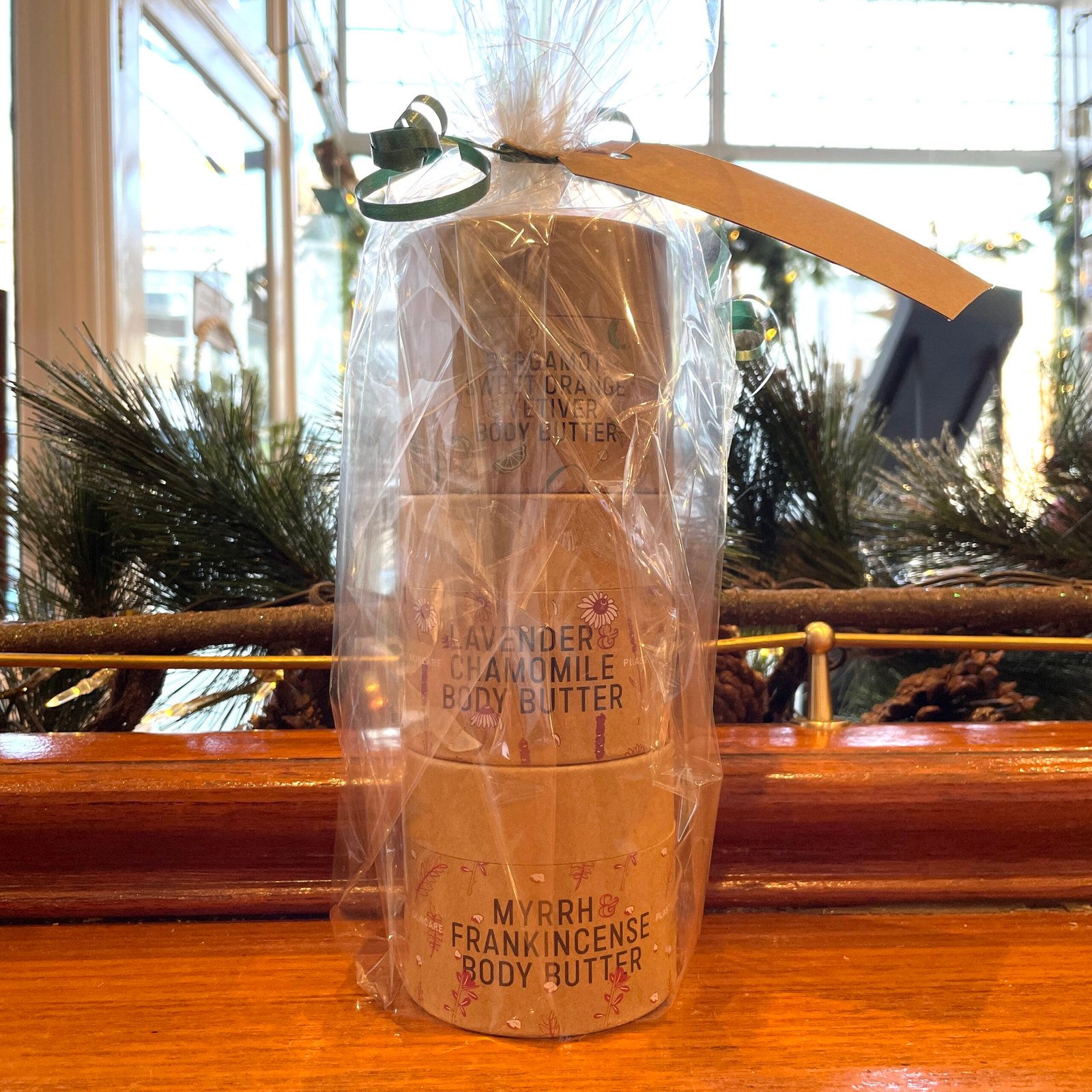 SPECIAL OFFER - GIFT WRAPPED 3x200ml Budd's Body Butters for £19.99 Front in Plastic Gift Wrap