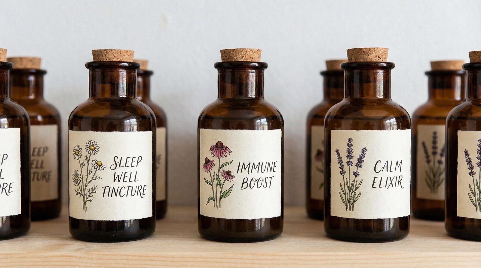 A collection of herbal tinctures in dark glass bottles and floral labels