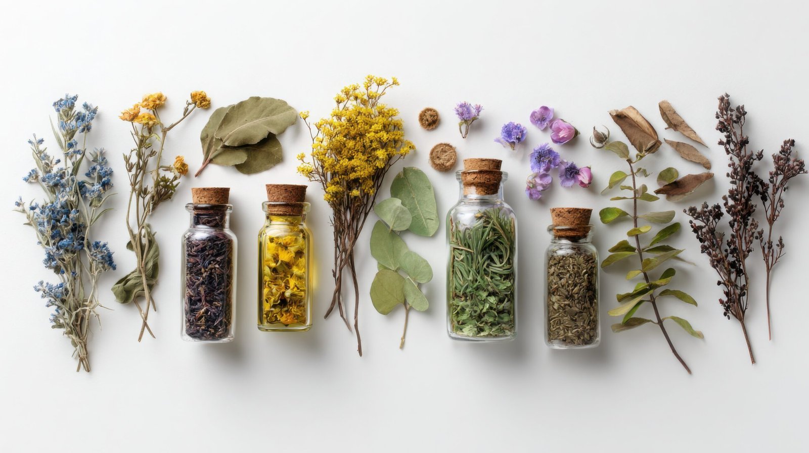 Herbal tinctures with fresh herbs in them in glass bottles to showcase the difference between herbal medicine vs homeopathy
