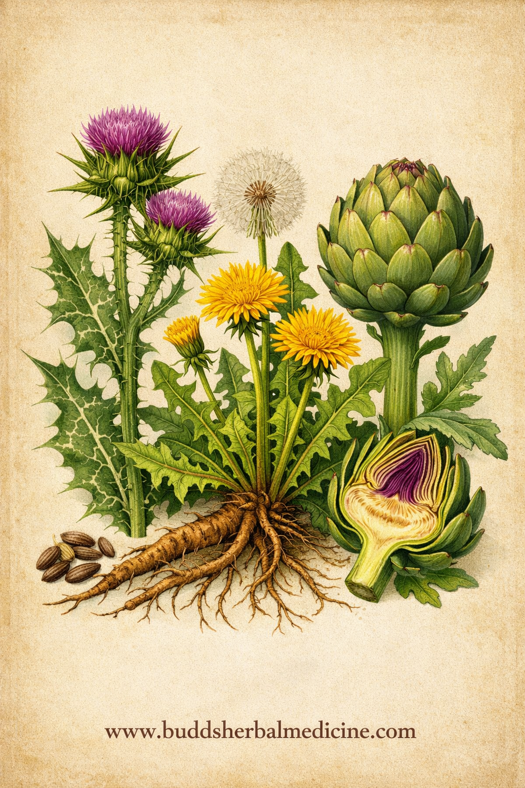 Cartoon image of milk thistle, dandelion, and globe artichoke