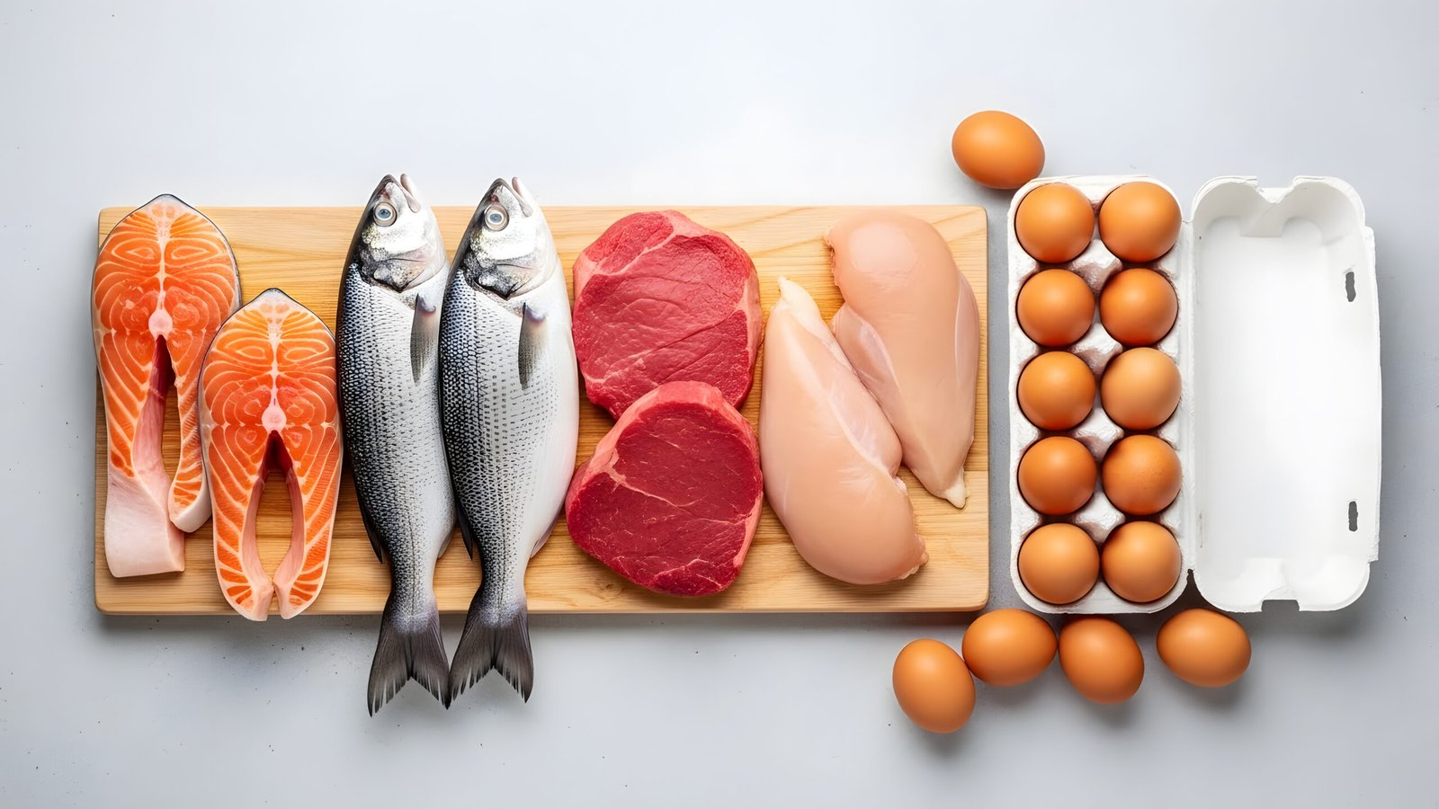 A selection of seafood, meat, and eggs typically used in a ketogenic diet