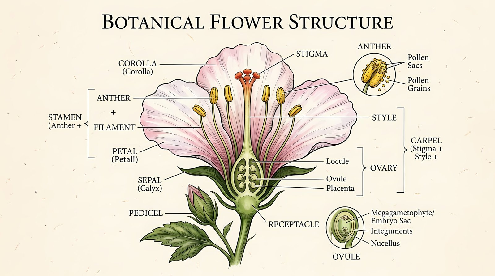 An image showing the anatomy of a flower which is useful for herbal medicine training