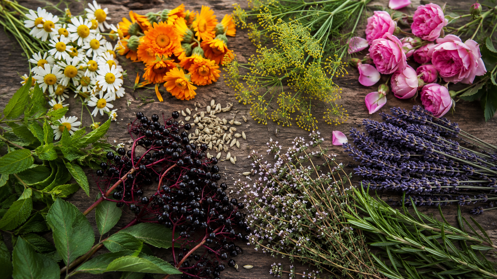 Photo of herbs commonly used in a herbal medicine first aid kit on a wooden table